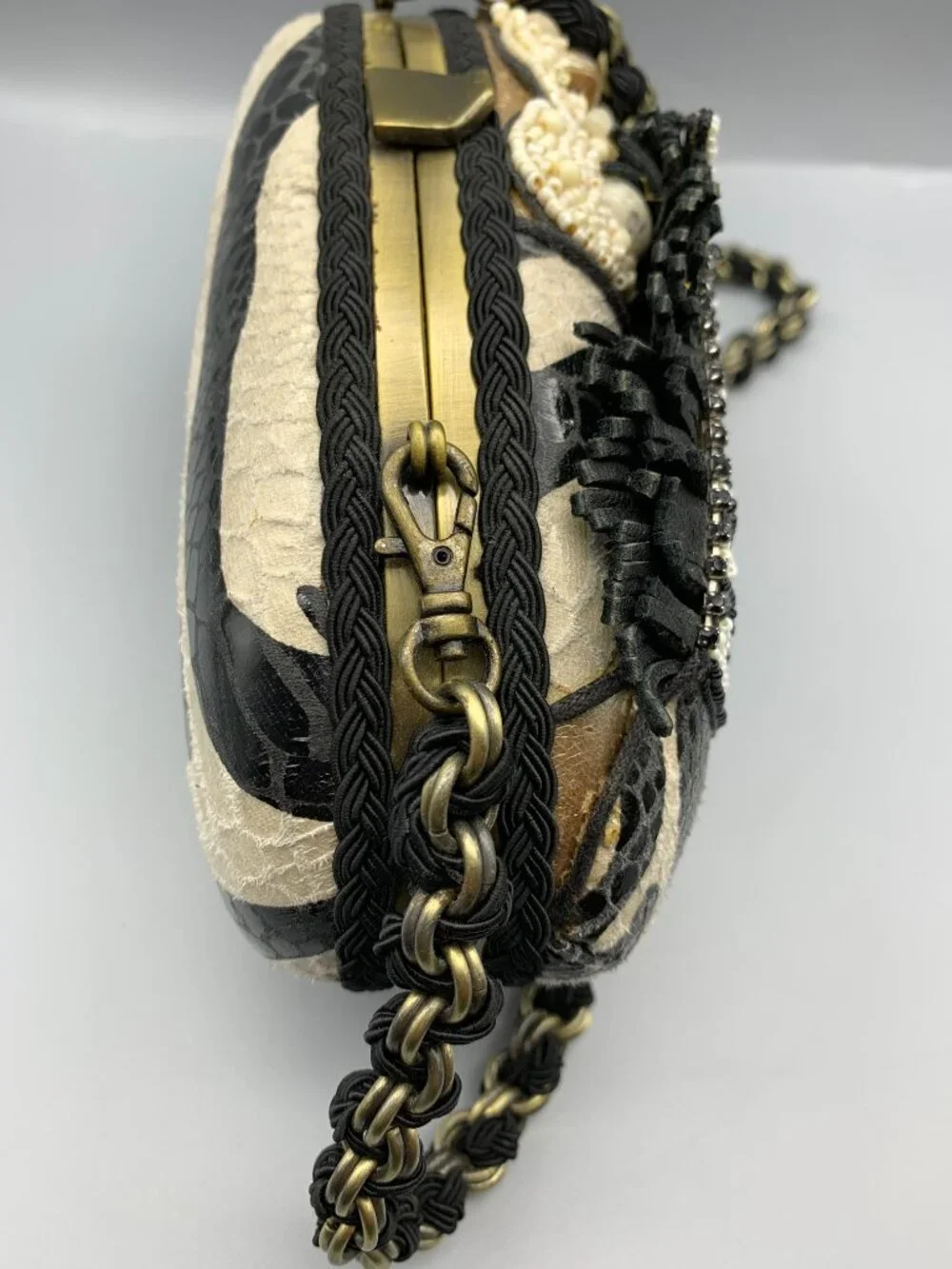 Vintage Mary Frances Zebra-Beaded Handbag Clutch with Removable Shoulder Chain